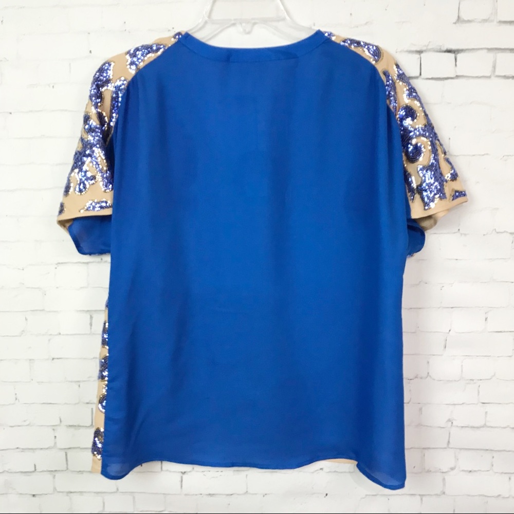 Neiman Marcus Royal Blue Nude Gold Sequin Top - Picture 3 of 7